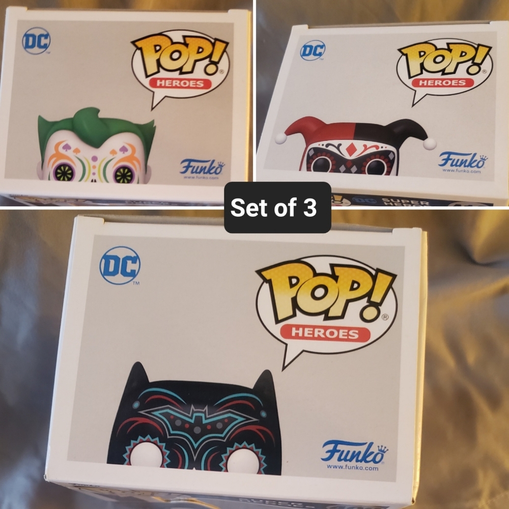 Set of 3 Funko Dia de Los Muertos Batman Joker Harley Quinn Brand New Collectors